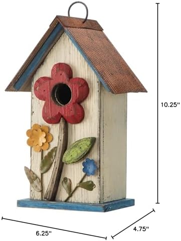Glitzhome 10.2" H Hanging Bird House for Outdoor Patio Garden Decorative Birdhouse Pet Cottage Wooden Distressed Birdhouse, Flower Rustic White