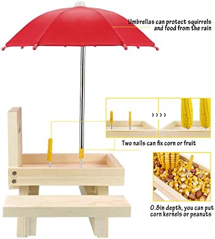 MIXXIDEA Squirrel Feeder Table with Umbrella, Wooden Squirrel Picnic Table Feeder, Sturdy Squirrels Feeder Corn Cob Holder, with Solid Structure and 2 x Thick Benches(1pk)