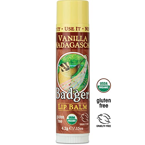 Badger - Classic Lip Balm, Vanilla Madagascar, Made with Organic Olive Oil, Beeswax & Rosemary, Natural Lip Balm, Certified Organic, Moisturizing Lip Balm, 0.15 oz
