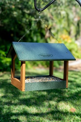 Amish USA Made Recycled Plastic Large Hanging Modern Fly Through Covered Roof Open Platform Tray Bird Feeder for Outdoors, Garden, Yard (Turf Green & Bright Cedar)