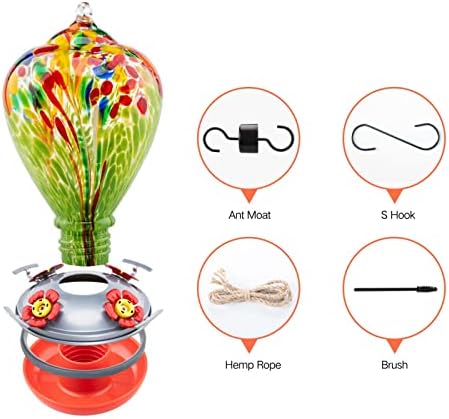 Muse Garden Hummingbird Feeders for Outdoors Hanging, Blown Glass Hummingbird Feeder, Hummingbird Gifts for Mom, Garden Decor for Outside, Unique Gifts Idea for Women, 34 OZ, Green Fireworks