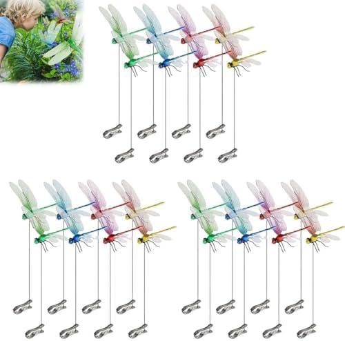 Dragonfly Clip Bug Repellent, 2025 New Fake Dragon Fly Hat Clips, 3D Dragonfly Garden Stakes Decor, Realistic Humming Bird Stakes, Artificial Clip-On Fly Deterrent for Indoor Outdoors (24pcs)