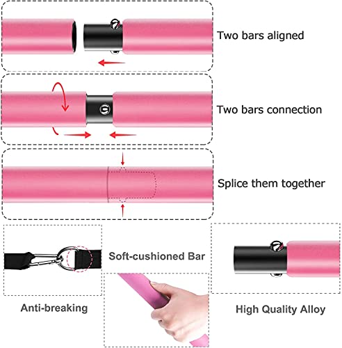 Bbtops Pilates Bar Kit with Resistance Bands(4 x Bands),3-Section Pilates Bar with Stackable Bands Workout Equipment for Legs,Hip,Waist and Arm (Pink30lbs,40lbs)