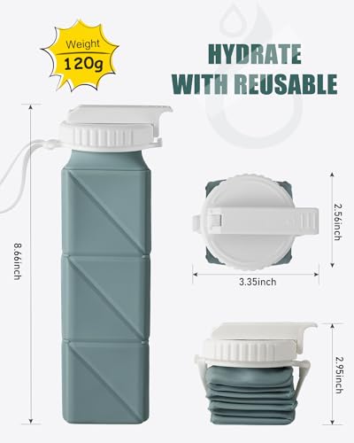 Opard Collapsible Water Bottles 21 Oz - BPA Free, Leak Proof, Foldable Silicone Collapse Water Bottle with Straw, Easy to Compact and Expandable, Travel Essentials Accessories