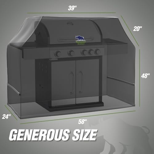 RUGGED RHINO Heavy Duty Grill Cover for Outdoor Grills, All Season Three Layer Waterproof Covers, UV Resistant, Windproof, Secure Buckle Closure, Grilling, Griddle, Outside Storage, 58x24x48, Gray