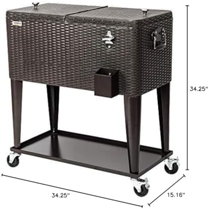 VINGLI 80 Quart Rolling Ice Chest, Portable Patio Party Bar Drink Cooler Cart, with Shelf, Beverage Pool with Bottle Opener (Brown)