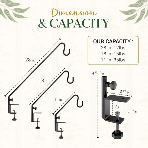 Idzo 28 Inch Railing Hook, Deck Hook for Bird Feeder Pole, Durable 3-Layer Powder Coated Steel, Shepherds Hooks for Outdoor, 360° Rotation, Sturdy Deck Railing Bracket for Hanging Decorations, Black