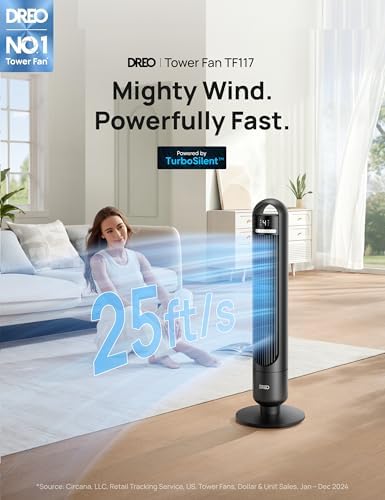 Dreo Tower Fan for Bedroom, 90Β° Oscillating Standing Fans for Room with 4 Speeds, 3 Modes, 28dB Quiet for Sleep, 25ft/s Velocity, 8H Timer, Remote, Living Room, Office, Home, Black, TF117