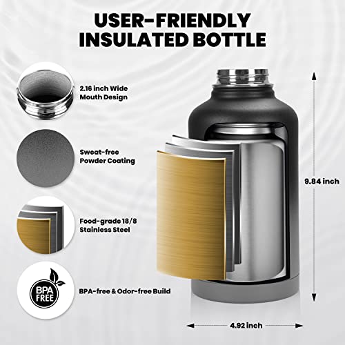 RAYMYLO Insulated Water Bottle 64 oz, Triple Wall Vacuum Stainless Steel (Cold for 48 Hrs), Leak Proof & Non-BPA, Half Gallon Water Flask Jug with Paracord Handle & Straw Spout Lids, Dark Gray