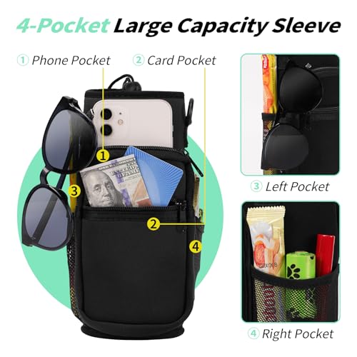 AceTreker 32 oz 40 oz Water Bottle Carrier, Neoprene Water Bottle Holder with Strap & Paracord Handle, Sport Bottle Sleeve Sling Bag with 4 Pocket for Travelling, Walking, Camping-Black