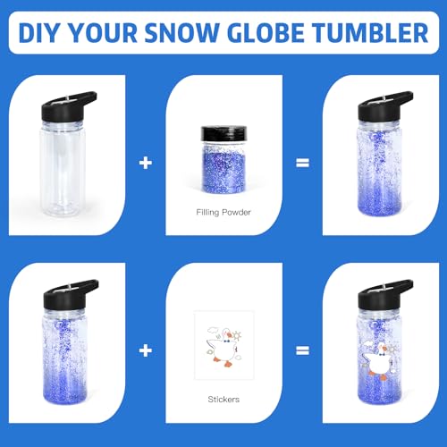 10oz Double Wall Clear Water Bottle Bulk Plastic Snow Globe Tumbler with Handle Lid, 4 Pack Acrylic Pre-Drilled Hole With Stopper Sippy Snow Globe Kid Water Bottle for Scool Sport DIY Gift, Black