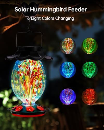 Solar Hummingbird Feeder - 49 fl.oz Hand Blown Glass Color Changing - 7 Feeding Ports with Perch - Never Leak - Perfect Hummingbird Feeder for Outdoors Hanging (Blue)