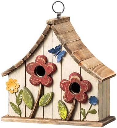 Glitzhome Hanging Birdhouses for Outside,10.75" L Distressed Solid Wood Birdhouse with 3D Flowers Rustic Two-Story Townhouse Hand-Painted Bird Houses for Outdoors,Washed White