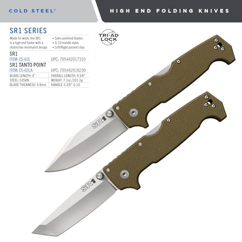 Cold Steel SR1 S35VN Steel 4" Clip Point Blade G-10 Handle Folding Knife with Tri-Ad Locking Mechanism and Pocket/Belt Clip