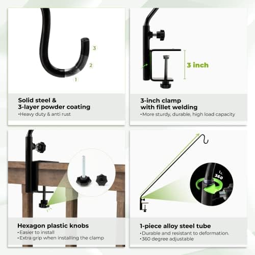 Idzo Deck Hook for Bird Feeder, 43in Deck Bird Feeder, Plant Hanger for Railing, 3in Non-Slip Clamp