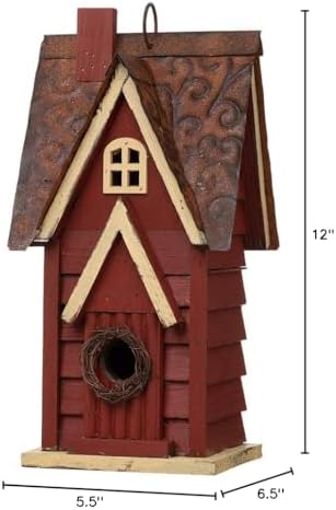 Glitzhome Solid Wood Distressed Cottage Garden Birdhouse Hanging Bird House for Outdoors 12" H,Red