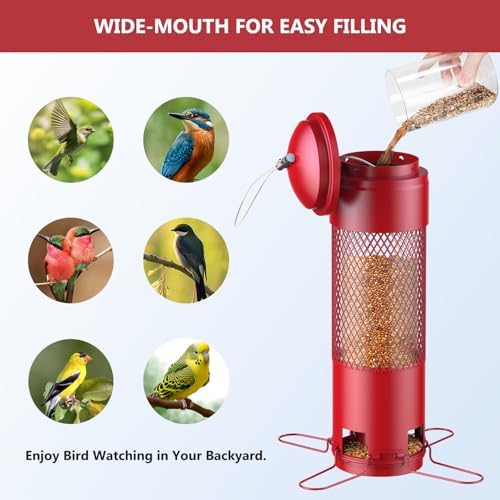 Bird Feeders for Outdoors Squirrel Proof with Weight-Activated Perches, Hanging Bird Feeder for Outside, Metal Feeder for Wild Birds, Finch, Blue Jay, Chickadee, 3LB Seed Capacity, Red