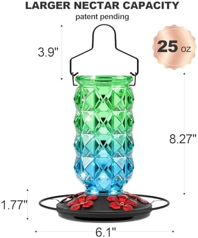 2 Pack Glass Hummingbird Feeders for Outdoors, 25 Ounces Wild Bird Nectar Feeder with Perch & 5 Flower Feeding Ports Leak Proof Hanging for Garden Backyard Decor, Gifts for Women Mom, Red & GreenBlue