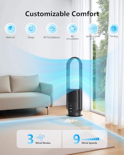 ULTTY Bladeless Tower Fan with HEPA Filter, 90° Oscillating Tower Fan, Remote Control, Touch, 8H Timer, 9 Speeds, Powerful Floor Fan for Bedroom Room Home Office, CR022, Black