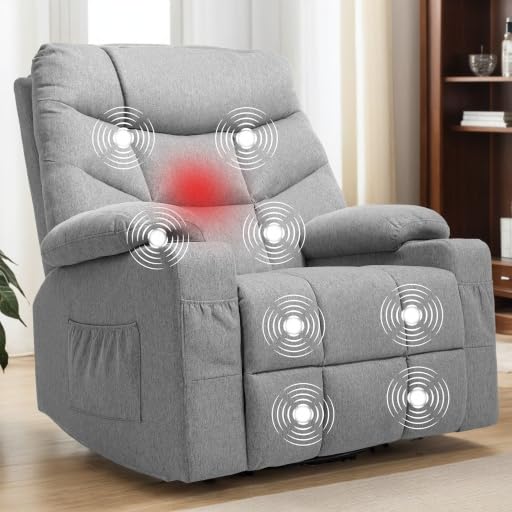 YITAHOME Oversized Swivel Rocker Recliner Chair with Massage & Heat, 270° Rocking Fabric Recliner for Big and Tall, Cup Holders & Side Pockets, Comfortable Theater Seating for Living Room, Gray