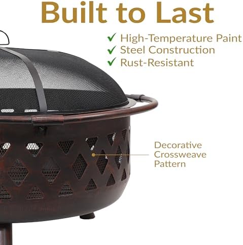 Sunnydaze Crossweave Outdoor Fire Pit - Wood-Burning Fire Pit for Outside with Spark Screen, Poker and Round Cover - 36-Inch - Bronze