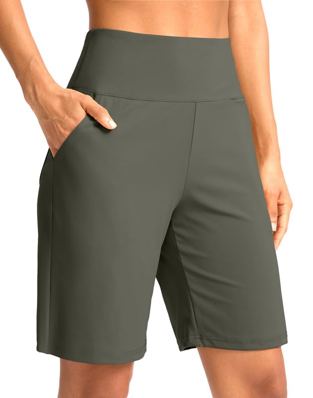 G Gradual Women's Bermuda Long Shorts with Pockets High Waisted Knee Length Shorts for Women Walking Athletic Workout(Grey Sage,XXL)