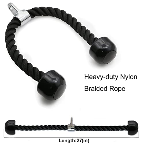 Tricep Rope 27 & 35 inches 2 Colors Fitness Attachment Cable Machine Pulldown Heavy Duty Coated Nylon Rope with Solid Rubber Ends (27'' Black&Red)