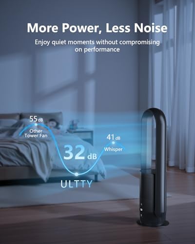 ULTTY Bladeless Tower Fan with HEPA Filter, 90° Oscillating Tower Fan, Remote Control, Touch, 8H Timer, 9 Speeds, Powerful Floor Fan for Bedroom Room Home Office, CR022, Black