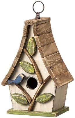 Glitzhome Bird Houses for Outside, 9.5" H Hanging Bird House Distressed Solid Wood Decorative Garden Birdhouse for Outdoors with Natural Wood Pallet Roof and 3D Tree,Washed White