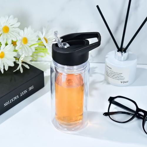 10oz Double Wall Clear Water Bottle Bulk Plastic Snow Globe Tumbler with Handle Lid, 4 Pack Acrylic Pre-Drilled Hole With Stopper Sippy Snow Globe Kid Water Bottle for Scool Sport DIY Gift, Black