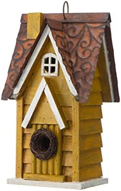 Glitzhome 12" H Yellow Distressed Solid Wood Cottage Birdhouse Hanging Bird House for Outdoors