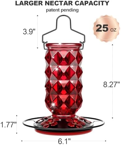 2 Pack Glass Hummingbird Feeders for Outdoors, 25 Ounces Wild Bird Nectar Feeder with Perch & 5 Flower Feeding Ports Leak Proof Hanging for Garden Backyard Decor, Gifts for Women Mom, Red