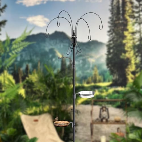 Bird Feeding Pole, 75 Inch 4 Hooks Heavy-Duty Feeder and Water Dispenser Shepherd Hook, Feeding Station With Ground Stake, Outside