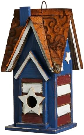 Glitzhome 12.25" H Patriotic Solid Wood Hanging Birdhouse for Outside, Decorative Pet Cottage Villa Distressed Wooden Bird House with 3D Star for Garden Patio Backyard