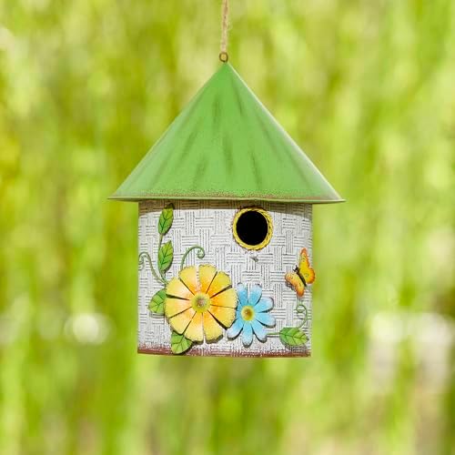 Glitzhome 11" H Distressed Metal Cottage Decorative Birdhouse with a Cluster of 3D Flowers and Butterfly Hanging Bird House for Garden Patio Backyard