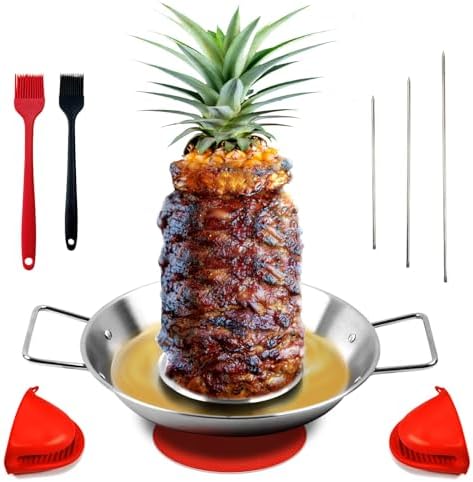 Al Pastor Skewer for Grill:Stainless Steel Vertical Stand, Brazilian Spit Stand with removable 3 Spikes, 2 Brushes, Anti-scalding Fittings, Fat Separator Tray, for Tacos Al Pastor, BBQ