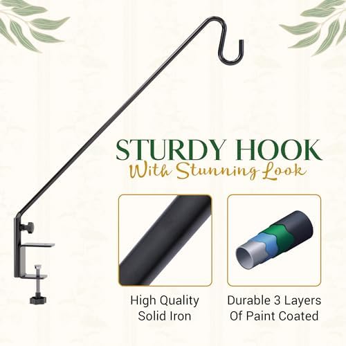 Idzo 28 Inch Railing Hook, Deck Hook for Bird Feeder Pole, Durable 3-Layer Powder Coated Steel, Shepherds Hooks for Outdoor, 360° Rotation, Sturdy Deck Railing Bracket for Hanging Decorations, Black