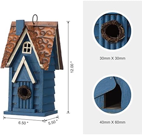 Glitzhome 12" H Retro Blue Distressed Solid Wood Cottage Birdhouse Hanging Bird House for Outdoors