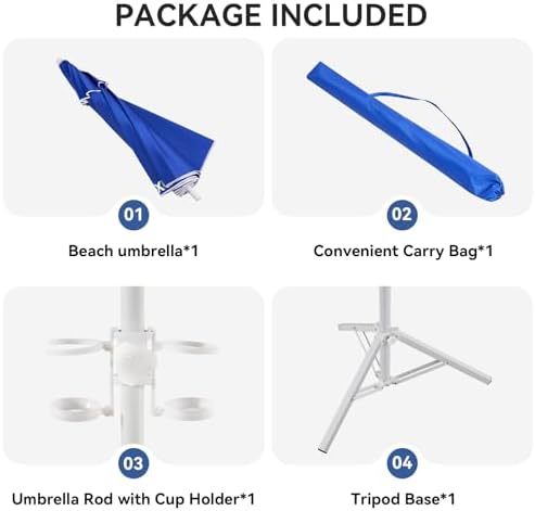 Aoxun Portable Umbrella with Stand, 6.5ft Sun Shade Umbrella with Stand, Lightweight Adjustable Standing with Sand Anchor and Carry Bag, Instant Sun Protection, Easy to Carry, Blue
