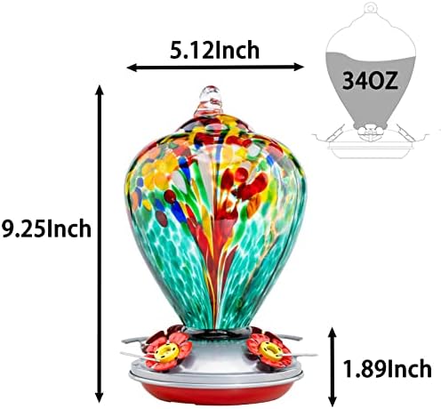 Muse Garden Hummingbird Feeders for Outdoors Hanging, Blown Glass Hummingbird Feeder, Gifts for Mom, Garden Decor for Outside, Unique Gifts Idea for Women, 34 Ounces, Turquoise Fireworks