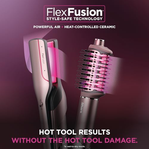 Shark FlexFusion Hair Straightener & Powerful Hair Dryer with Diffuser, Fusion Hair Brush, Ceramic Air Styler with Auto-Wrap Hair Curlers, Ceramic Plates, Cosmic Blush HD642S