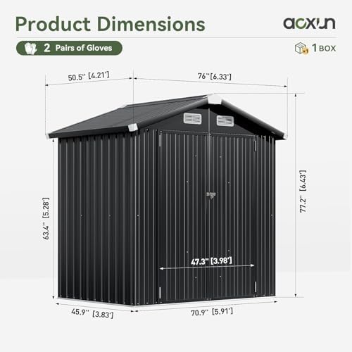 Aoxun 6.2x4 FT Shed Outdoor Galvanized Storage Shed with Large Lockable Doors for Lawn, Backyard, Patio (Black/Galvanized Base Included)
