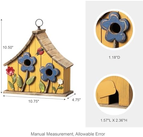 Glitzhome Hanging Birdhouses for Outside, 10.75" L Distressed Solid Wood Birdhouse with 3D Flowers Rustic Two-Story Townhouse Hand-Painted Bird Houses for Outdoors,Washed Yellow