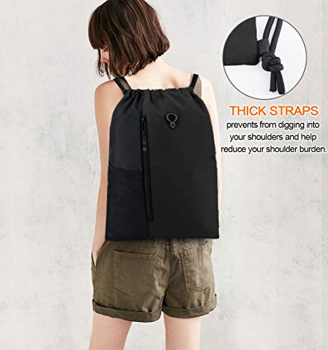 BeeGreen Blue Drawstrings Backpack Gym Sack For Men With Water Bottle Pocket &Front Zippered Pocket Large Sting Bags For WomenTraveling Yoga Beach Outdoor Gym
