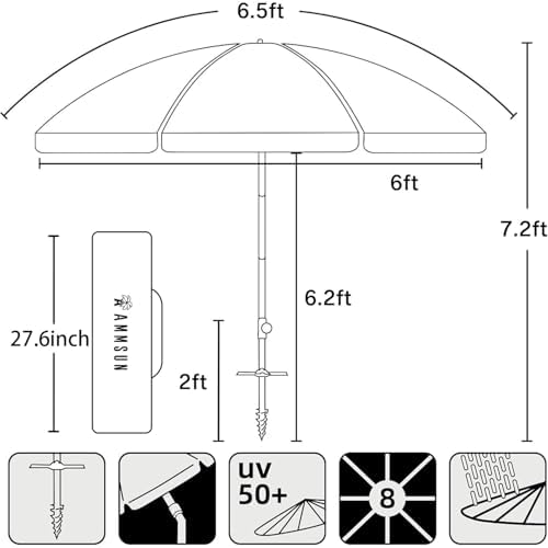 AMMSUN 6.5ft twice folded Portable beach umbrella with sand anchor windproof, Push Button Tilt and Air vent UPF 50+ Protection Fits in a large Suitcase for Patio Garden Beach Pool Backyard Blue