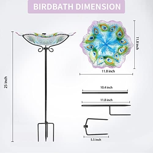 MUMTOP Glass Bird Bath, Garden Outdoor Birdbaths Birdfeeder with Metal Stake Peacock Bird Baths for Outside Yard