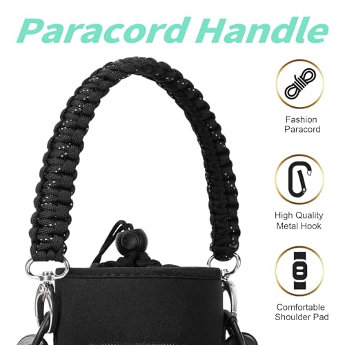 AceTreker 32 oz 40 oz Water Bottle Carrier, Neoprene Water Bottle Holder with Strap & Paracord Handle, Sport Bottle Sleeve Sling Bag with 4 Pocket for Travelling, Walking, Camping-Black