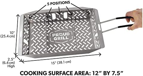 Proud Grill UltraVersatile Stainless Steel Grill Basket - Large BBQ Griddle basket for Outdoor Grill Vegetables - Meat - Fish Grill Basket with Detachable Handle & Movable Dividers