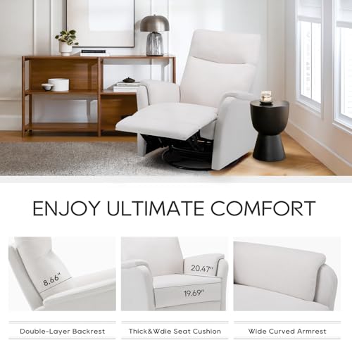 COLAMY Swivel Rocking Recliner Chair, Nursery Rocker Glider Recliner with Extra Large Footrest, Deep Seat, High Back, Upholstered Fabric Reclining Single Sofa for Living Room-White