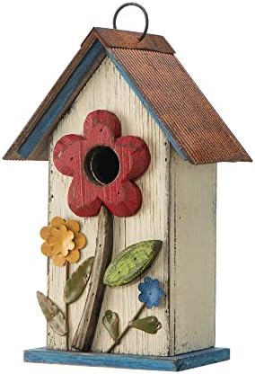 Glitzhome 10.2" H Hanging Bird House for Outdoor Patio Garden Decorative Birdhouse Pet Cottage Wooden Distressed Birdhouse, Flower Rustic White